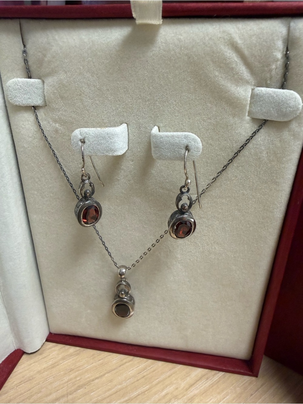 Coldwater Creek Sterling Silver Garnet Pendant and Drop Earrings Set - Deep Red